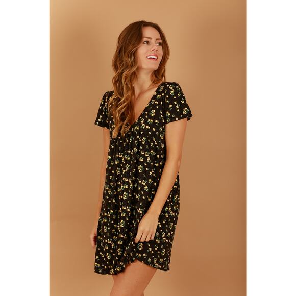 NWT BLACK FLORAL DEEP V NECK A LINE MINI DRESS - L - Picture 2 of 12